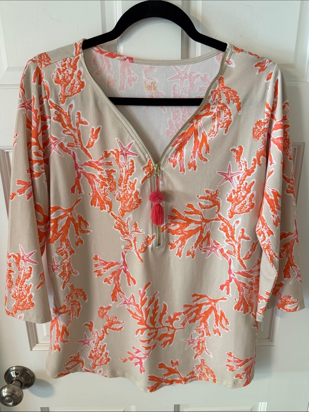 Belle by Kim Gravel Knit Ciao Bella! Tassel Zip Top Amalfi Coral Print Small